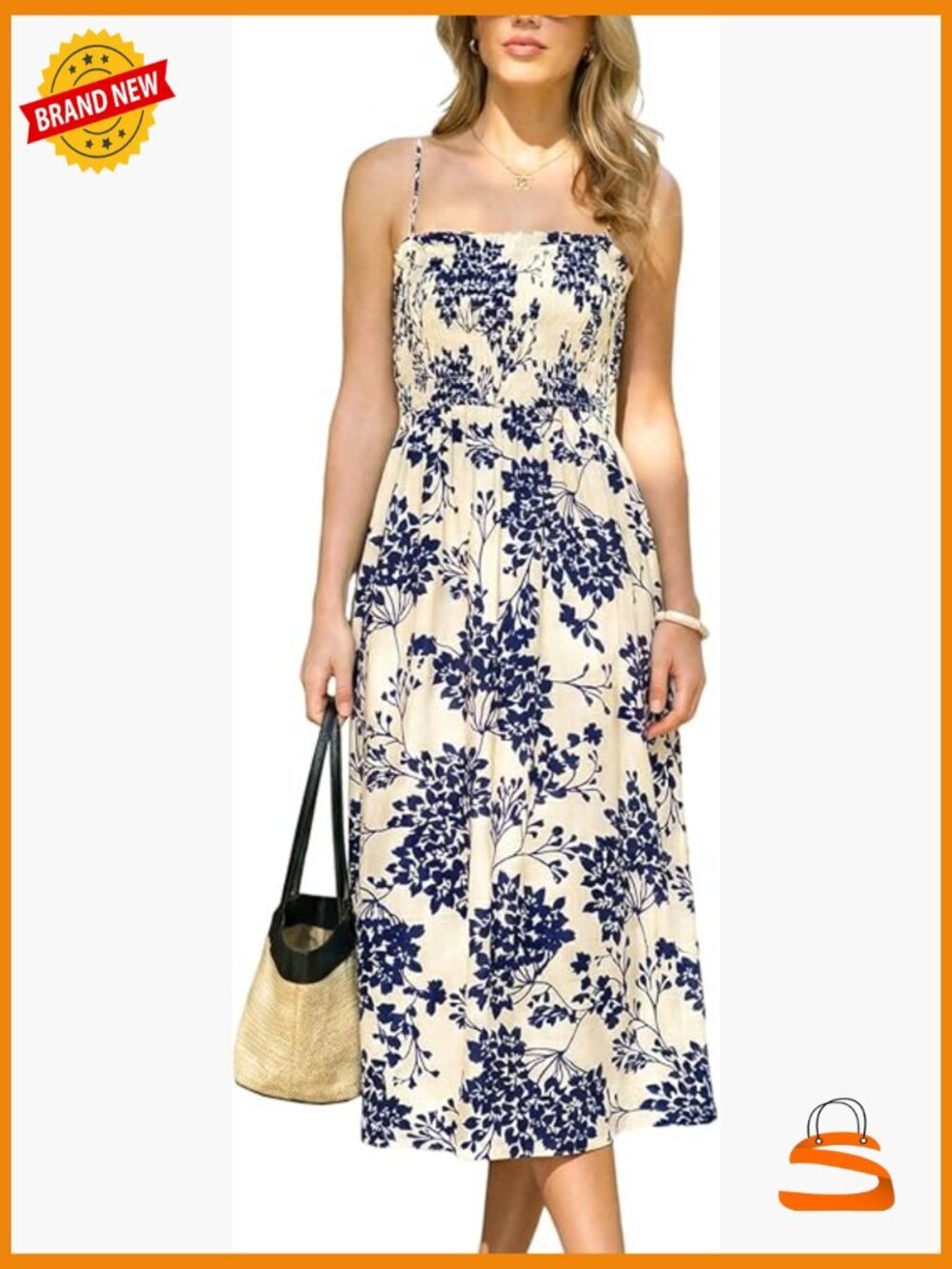Sleeveless Floral Smocked Midi Dress Spaghetti Strap Boho A-Line